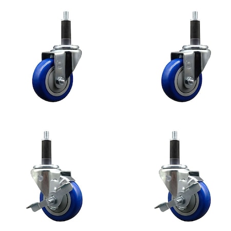 Service Caster 3.5'' Blue Poly Wheel Swivel 1'' Expanding Stem Caster Set 2 Brakes, 4PK SCC-EX20S3514-PPUB-BLUE-2-TLB-2-1